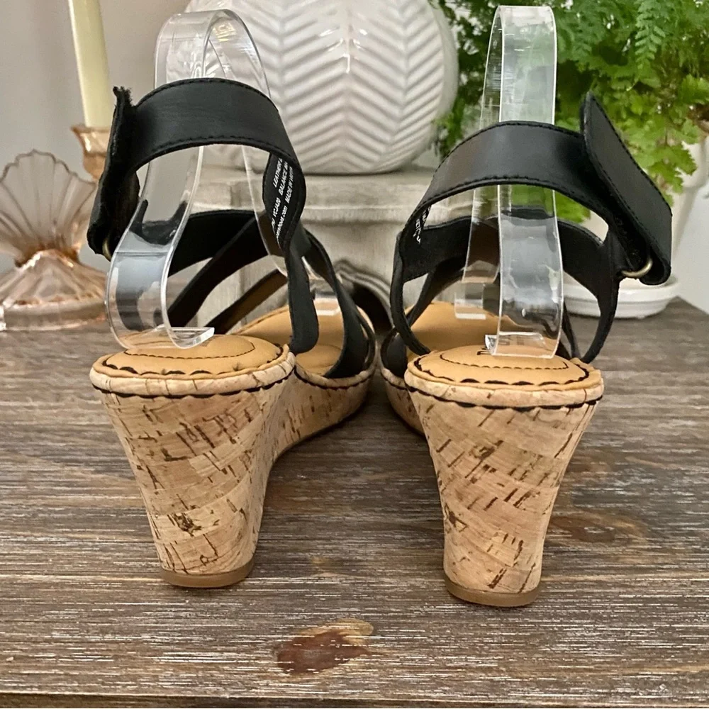 Born Black Leather Slingback Cork Wedge Sandals